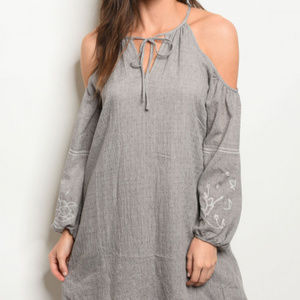 Gray Shoulder Dress With Embroidery Sleeve Details